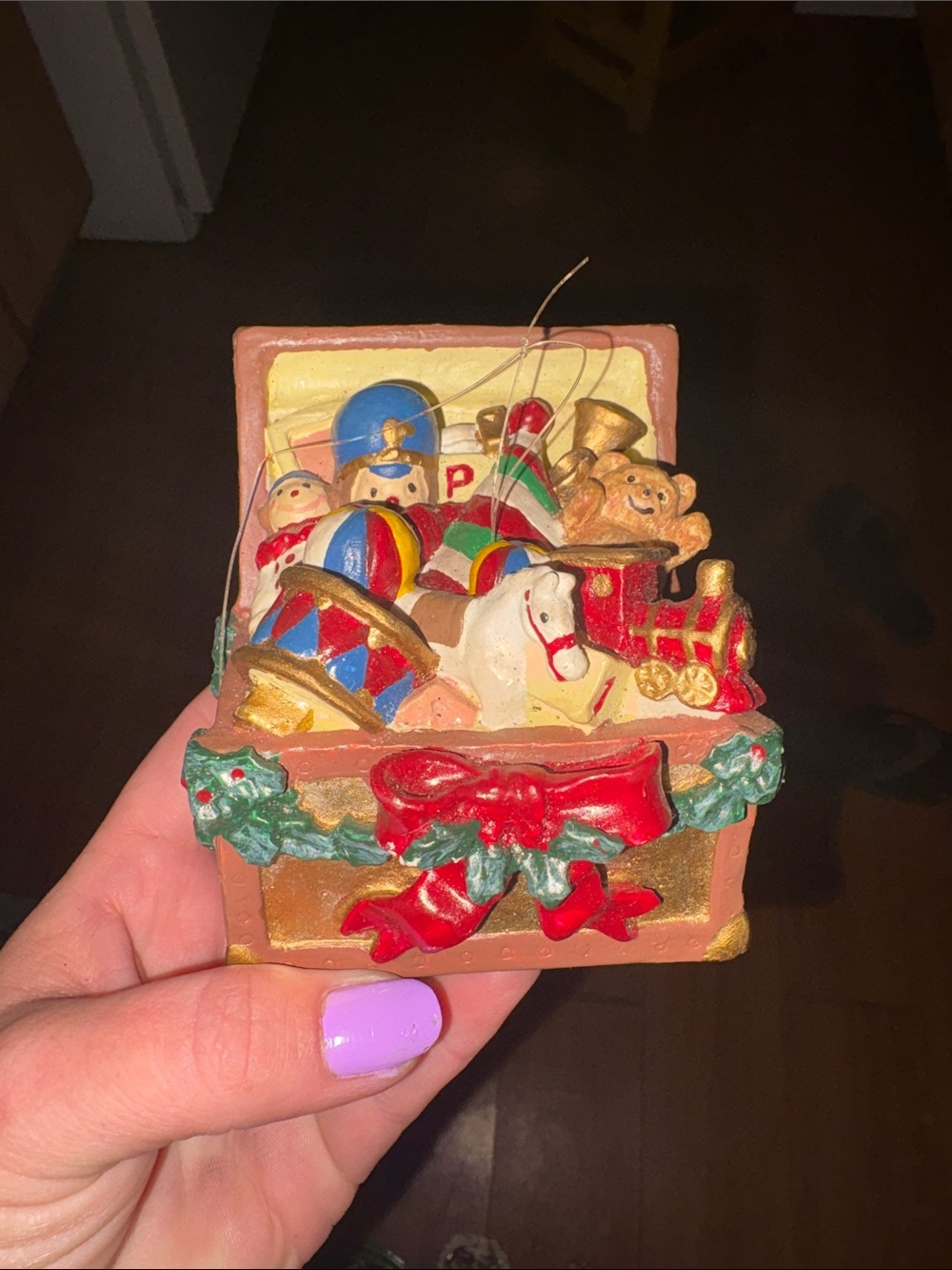 Holiday Toy Chest Ornament - Red, Green, Gold